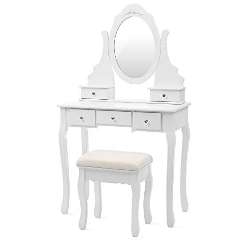 SONGMICS Tocador con Espejo, Mesa para Maquillaje, con Taburete y Cajones, Blanco RDT09W