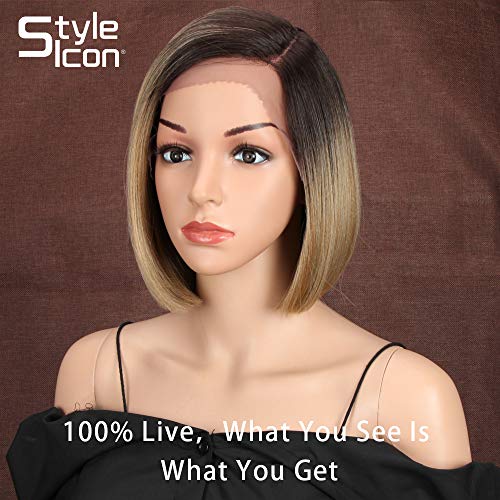 Style Icon Lace Front Wigs Peluca Sintética Bob De Frente De Encaje De 9"/23cm Pelucas Cortas Rectas Naturales De Calidad Para Mujeres Fibra Resistente Al Calor