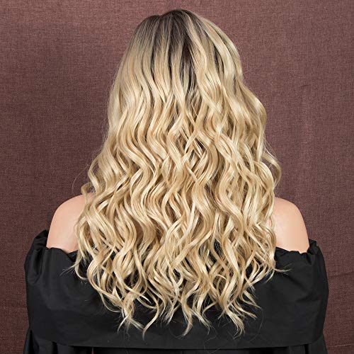 Style Icon Peluca frontal de encaje para mujeres blancas de 45,7 cm Ombre rubio marrón raíces resistentes al calor pelucas de fibra sintética natural ondulado peluca con gran área "L" mono encaje