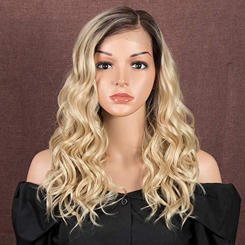 Style Icon Peluca frontal de encaje para mujeres blancas de 45,7 cm Ombre rubio marrón raíces resistentes al calor pelucas de fibra sintética natural ondulado peluca con gran área "L" mono encaje