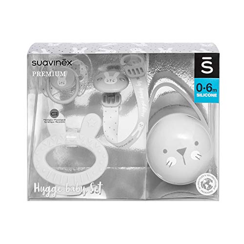 Suavinex Set Premium Recién Nacido con Chupete fisiológico silicona 0-6 meses, Broche, Portachupetes y Mordedor, gris