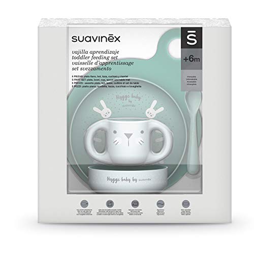 Suavinex, Set Vajilla Aprendizaje Bebés +6 Meses Premium. Taza + Plato + Bol + Mantel + Cuchara. Vajilla Apta Para Lavavajillas y Microondas, 5 piezas, Color Verde. Hygge Collection