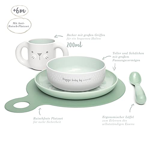 Suavinex, Set Vajilla Aprendizaje Bebés +6 Meses Premium. Taza + Plato + Bol + Mantel + Cuchara. Vajilla Apta Para Lavavajillas y Microondas, 5 piezas, Color Verde. Hygge Collection