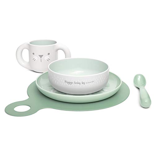 Suavinex, Set Vajilla Aprendizaje Bebés +6 Meses Premium. Taza + Plato + Bol + Mantel + Cuchara. Vajilla Apta Para Lavavajillas y Microondas, 5 piezas, Color Verde. Hygge Collection