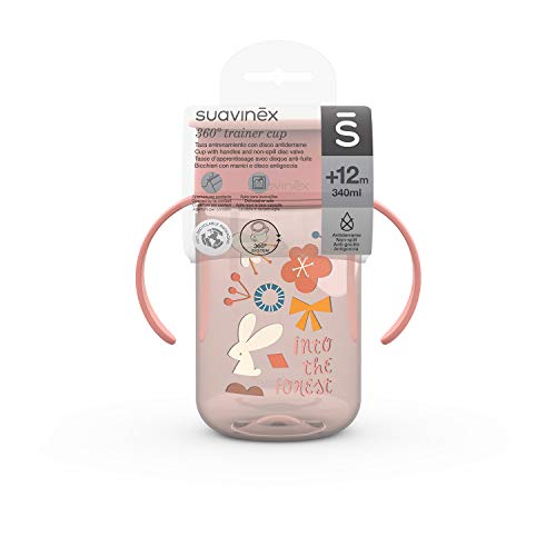 SUAVINEX Vaso 360º Entrenamiento Bebé, con Asas y Sistema Antiderrame, Para Bebés +12 Meses, Apto Para Lavavajillas, Color Rosa, 340ml