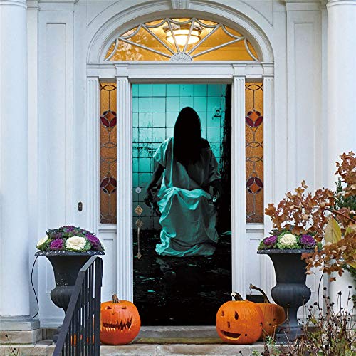 Sunfauo Decoración De Halloween Halloween Fantasma Femenino En Ruinas Pegatinas De Puerta 3D Puerta De Madera Personalizada Decoración del Hogar Pegatinas De Pared para Fiesta De Halloween