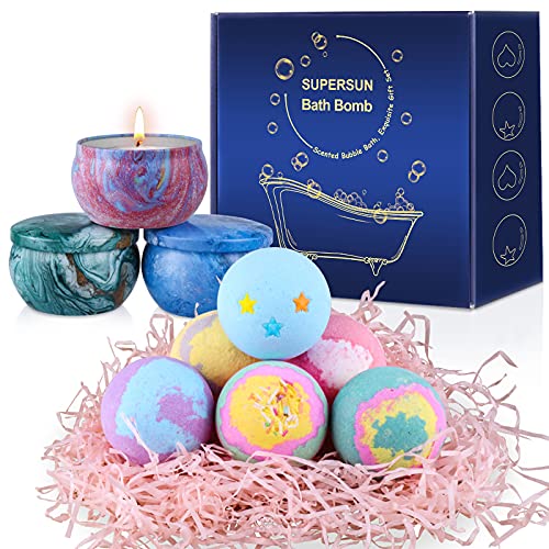 SUPERSUN 6 Bombas de Baño y 3 Velas Aromáticas, Regalos de Baño de Burbujas para Mujeres, Niñas, Regalos para Cumpleaños, Aniversario, Día de la Madre, Día de San Valentín