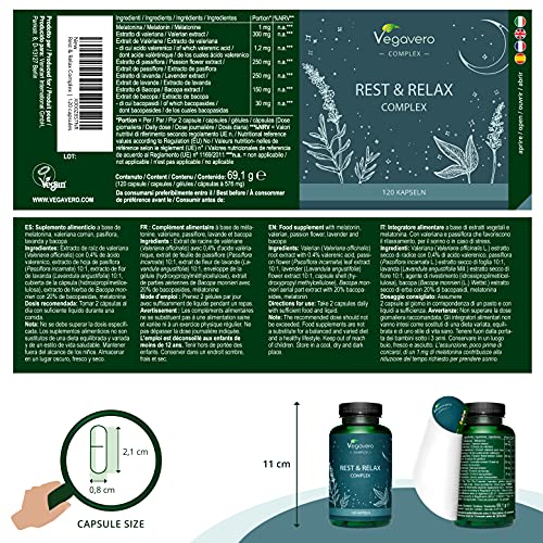 Suplemento Para Insomnio Vegavero® | Sin Aditivos | Con Melatonina + Valeriana + Pasiflora + Lavanda & Bacopa Monnieri | 120 Cápsulas | Ayuda para Dormir & Trastornos del Sueño