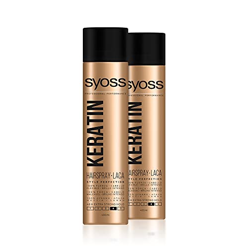 SYOSS - Laca Keratin Style Perfection - 2 uds de 400ml 48 horas de fijación extrafuerte, Fortalece el cabello y aporta flexibilidad, No pegajosa, Cabello como recién salido de la peluquería