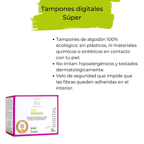 Tampones Naturales Digitales - Tamaño Súper - 18 Unidades - Hechos en Algodón Ecológico - Libre de Cloro y Pesticidas con Excelente Absorción - No Contiene Plástico - Hipoalergénicos - GU Planet