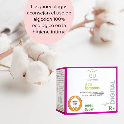 Tampones Naturales Digitales - Tamaño Súper - 18 Unidades - Hechos en Algodón Ecológico - Libre de Cloro y Pesticidas con Excelente Absorción - No Contiene Plástico - Hipoalergénicos - GU Planet