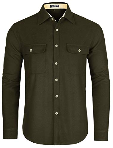 TATT 21 Camisa casual de franela de manga larga con botones y bolsillos para hombre, verde, XXL