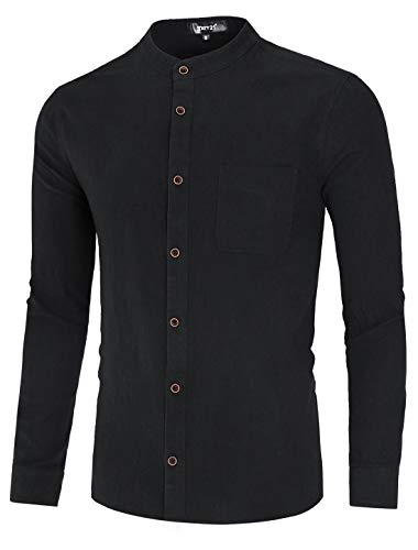 TATT 21 Camiseta Collar con Bandas con Botones Manga Larga Algodón Lavado Camisa Casual para Hombres Negro M