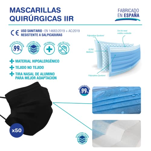 TECNOL HEALTH Mascarillas Quirúrgicas Negras - Fabricadas en España - 50 o 100 unidades - Tipo IIR - BFE > 99% - 3 Capas y Sin Grafeno - Pack de Mascarillas Homologadas para Adultos