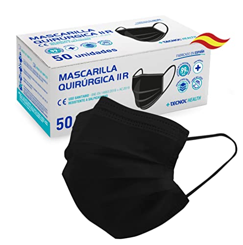 TECNOL HEALTH Mascarillas Quirúrgicas Negras - Fabricadas en España - 50 o 100 unidades - Tipo IIR - BFE > 99% - 3 Capas y Sin Grafeno - Pack de Mascarillas Homologadas para Adultos