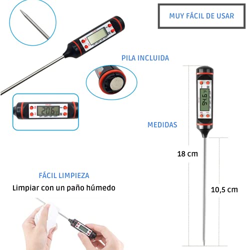 Termómetro de Cocina Digital Con Pincho de Acero Inoxidable Con Lectura Rápida Para Todo Tipo de Carne y Líquidos | Termómetro Digital para Uso Doméstico y Profesional