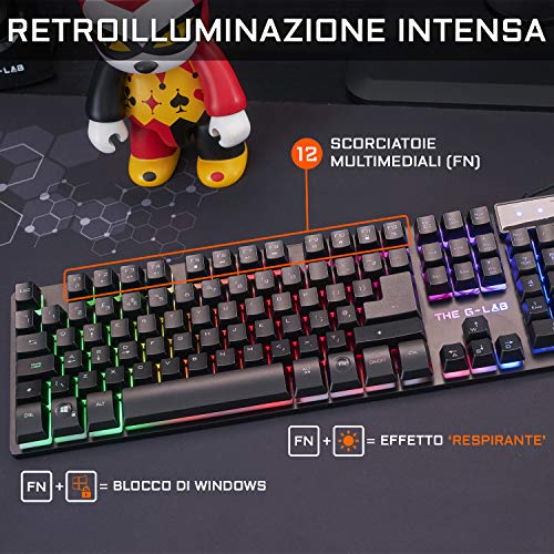 THE G-LAB Combo Krypton - Juego de Teclado y ratón para Gamer, retroiluminación RGB, Teclado Italiano USB antighosting + ratón de 6 Botones 3200 dpi – Paquete de Juegos PC PS4 Xbox One (Negro)