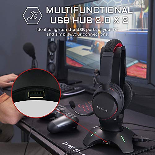 THE G-LAB K-Stand Radon Soporte Gaming para Cascos – Retroiluminación RGB, USB HUB 2 x 2.0, Base Anti-Deslizante – Stand Universal para PC PS4 Xbox One Nintendo Switch Soporte Cascos Gaming (Negro)