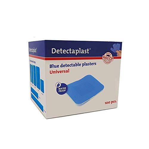 Tiritas detectables Detectaplast Universal, tiritas azules, tiritas resistentes agua y suciedad, tiritas cocina para industria alimentaría, hostelería y restauración, 38 x 38 mm, 100 tiritas