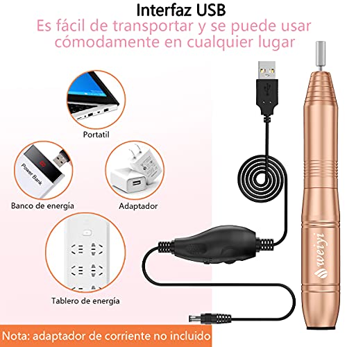 Torno para Uñas, Kit Para Uñas de Profesional USB Lima Electrica Uñas con Set de 11 Piezas de Brocas para Uñas de, Manicura y Pedicura Salón de Belleza en Casa (Dorado)