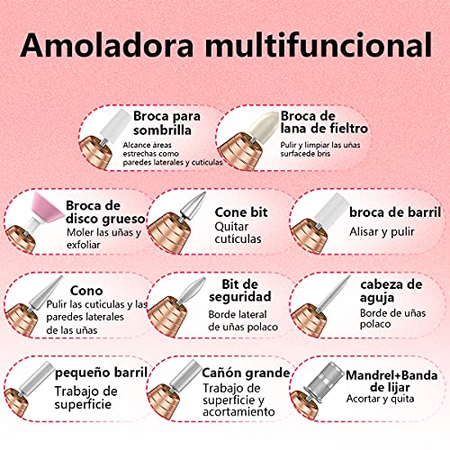 Torno para Uñas, Kit Para Uñas de Profesional USB Lima Electrica Uñas con Set de 11 Piezas de Brocas para Uñas de, Manicura y Pedicura Salón de Belleza en Casa (Dorado)