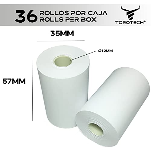 TOROTECH Rollos de Papel Térmico Blanco para Datáfonos 57x35x12mm - Ecológicos Sin BPA - Bobinas para Tickets Terminales Tarjetas Crédito Rodillos Impresoras POS TPV Alta Durabilidad (36)