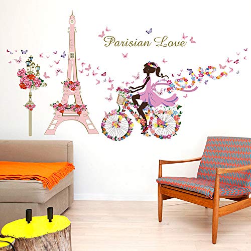 ufengke Pegatinas de Pared Niña Bicicleta Vinilos Adhesivos Pared Flores Torre Eiffel Decorativos para Dormitorio Habitación Infantiles