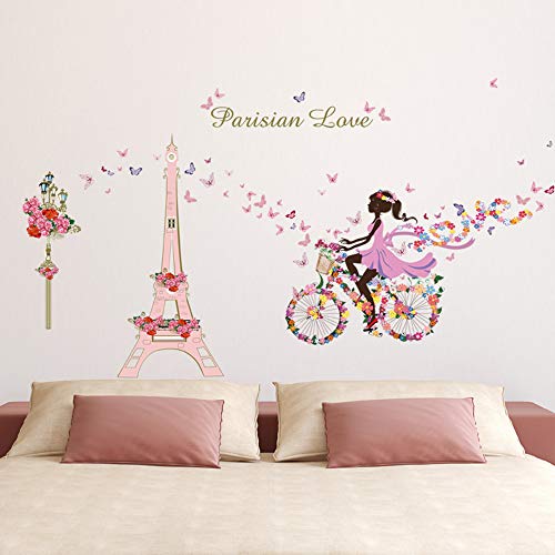 ufengke Pegatinas de Pared Niña Bicicleta Vinilos Adhesivos Pared Flores Torre Eiffel Decorativos para Dormitorio Habitación Infantiles