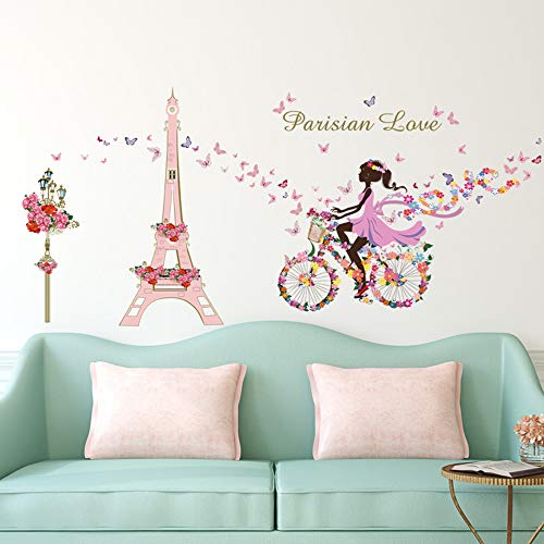 ufengke Pegatinas de Pared Niña Bicicleta Vinilos Adhesivos Pared Flores Torre Eiffel Decorativos para Dormitorio Habitación Infantiles