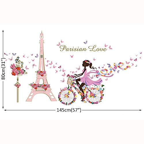 ufengke Pegatinas de Pared Niña Bicicleta Vinilos Adhesivos Pared Flores Torre Eiffel Decorativos para Dormitorio Habitación Infantiles