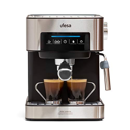 Ufesa CE7255 Cafetera Expresso y Capuccino con Panel Táctil Digital, Vaporizador Orientable, 20 Bares, 2 Modos: Café Molido o Monodosis, Depósito 1.6L, Función Calienta Tazas, 850W, Inox Digital