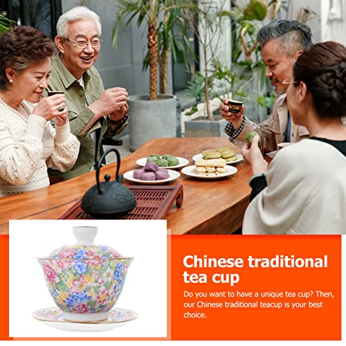 UPKOCH Ceramic Tureen Teacup Gaiwan Platillo: Chino Tradicional Chino Kong Fu Gong Fu Taza de Té Sancai Cover Towl Saucer Soucer Set para El Té de Hoja Suelta en Flor