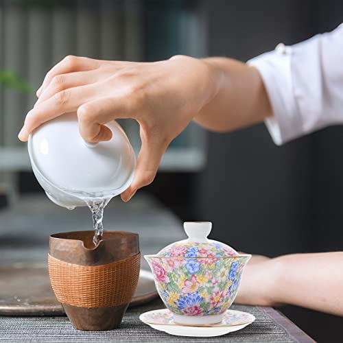 UPKOCH Ceramic Tureen Teacup Gaiwan Platillo: Chino Tradicional Chino Kong Fu Gong Fu Taza de Té Sancai Cover Towl Saucer Soucer Set para El Té de Hoja Suelta en Flor