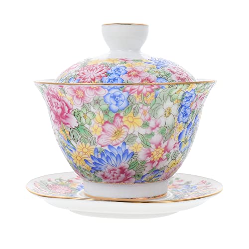 UPKOCH Ceramic Tureen Teacup Gaiwan Platillo: Chino Tradicional Chino Kong Fu Gong Fu Taza de Té Sancai Cover Towl Saucer Soucer Set para El Té de Hoja Suelta en Flor