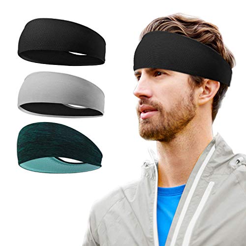 UTOMAG Bandas para la Cabeza Deportivas para Hombre, Elástica Sudor Absorbente de Humedad Banda de ala Ancha para Yoga, Correr, Ciclismo, Cross y Casco de Bicicleta (3 Piezas - Negro, Gris, Verde)