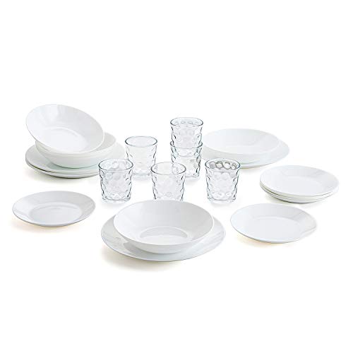 Vajilla blanca completa para 6 personas 18 piezas + Set de 6 vasos de vidrio 26cl