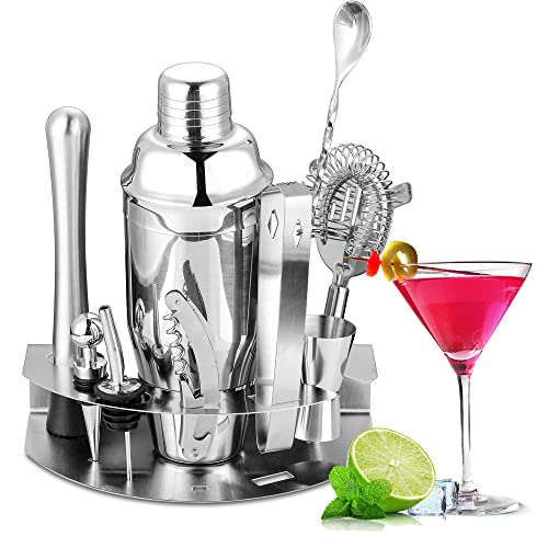 Velaze Coctelera Coctéles Juego, Set Cocktail Shaker Kit Profesional para Barman, Juego 10 Piezas Accesorios de Cóctel de Acero Inoxidable SUS304 para Martini Gin Tonic Mojito - Plata (850 ml)