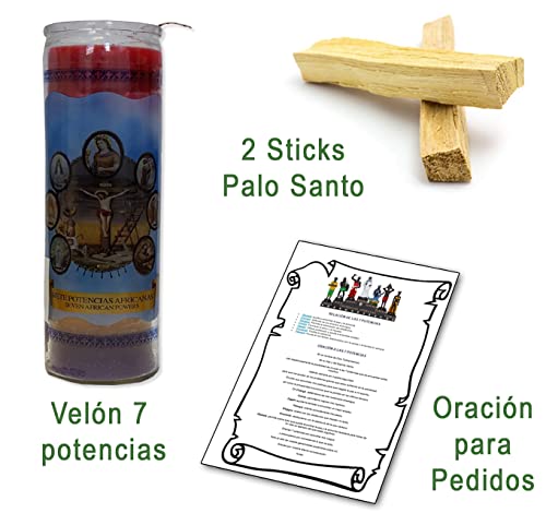 Velón 7 Potencias Africanas | Vela de 7 Colores y Poderes + Oración + 2 Sticks Palo Santo | 16 x 6 cm