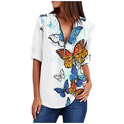 VEMOW Blusas y Camisa Mujer Vaquera Sexy Camisetas de Tops Cremallera Mangas Ajustables Blusas Cuello en V Ropa, Elegantes Moda Corazón Impreso Camisa Suelta Tops Jerseys Casual Blusas(E Blanco,L)