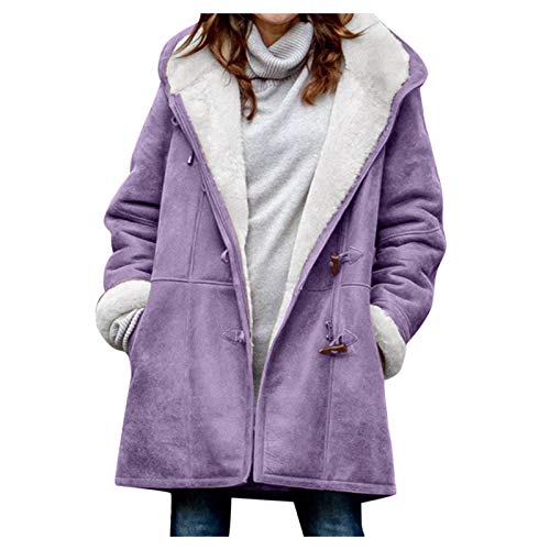 VEMOW Capucha con Botones y Abrigo Largo de Invierno Mujer Abrigos Chaqueta para Mujer Rebajas Talla Grande Abrigo de Manga Larga Vintage Cremallera con Bolsillos Más Fleece Gruesos (A Morado, 5XL)