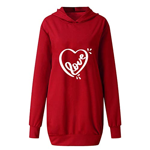 VEMOW Mujer Sudadera con Capucha Talla Grande Sudadera Vestido Manga Larga, San Valentín Casual Fiesta Informal Primavera Otoño Suelta Túnica Corazón de Amor Estampado Jersey Hoodie(G Rojo,3XL)