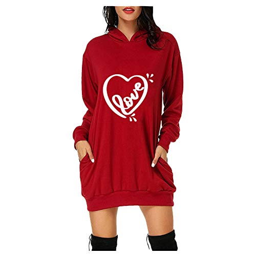 VEMOW Mujer Sudadera con Capucha Talla Grande Sudadera Vestido Manga Larga, San Valentín Casual Fiesta Informal Primavera Otoño Suelta Túnica Corazón de Amor Estampado Jersey Hoodie(G Rojo,3XL)