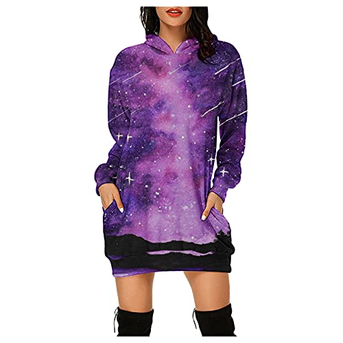 VEMOW Mujer Sudadera con Capucha Talla Grande Sudadera Vestido Manga Larga, San Valentín Casual Fiesta Primavera Otoño Suelta Túnica Corazón de Amor Estampado Jersey Hoodie(M02 Morado oscuro,M)