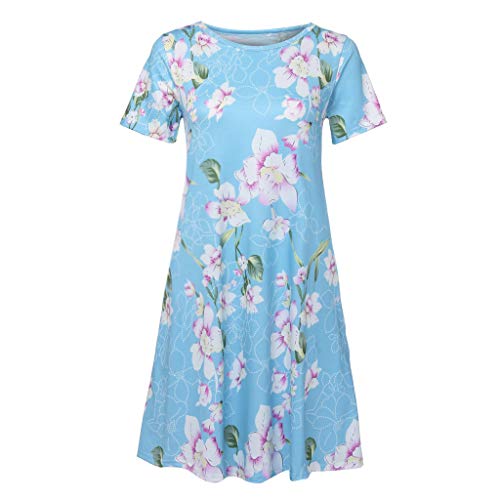 VEMOW Vestido mujer Mujeres verano manga corta floral bolsillos impresos vestido de oscilación ocasional de Sundress(A Cielo azul,XL)