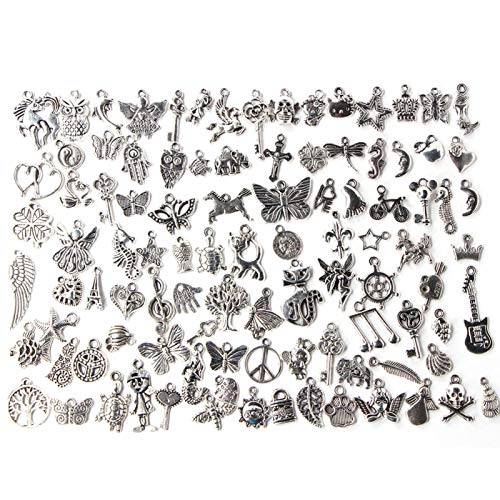 Venta al por mayor lotes a granel, 100 piezas de joyería de plata, colgantes de amuletos de metal plateado tibetano liso mezclado, colgantes de dijes DIY para la elaboración de pulseras de collar