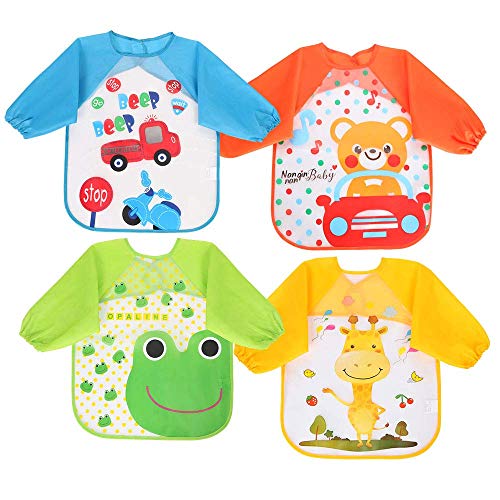 Vicloon Baberos del Bebé Impermeable,4pcs Delantal Ropa Babero Impermeable Infantil para Pintar con Mangas Largas de Bebé Unisexo Niños Niñas 6 Meses a 3 años Edad (Coche,Rana,Jirafa,Oso)