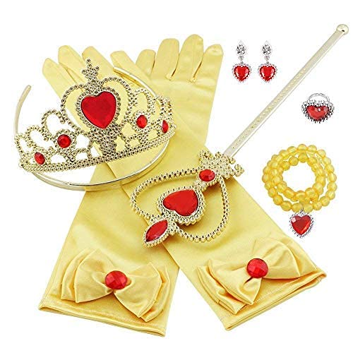 Vicloon Princesa Vestir Accesorios 8Pcs Regalo Conjunto de Belleza Corona Anillo Sceptre Collar Pendientes Guantes para Niña (Amarillo)…