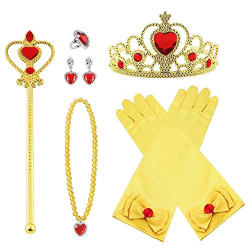 Vicloon Princesa Vestir Accesorios 8Pcs Regalo Conjunto de Belleza Corona Anillo Sceptre Collar Pendientes Guantes para Niña (Amarillo)…