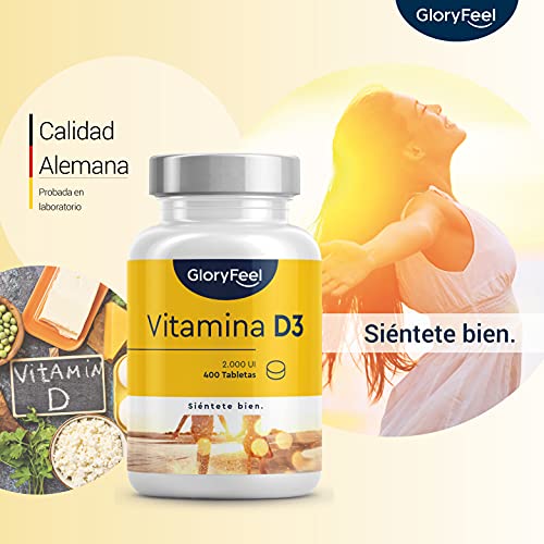 Vitamina D3 2000UI - 400 Tabletas Veganas (Suministro para 1+ año) - Respalda huesos, dientes, músculos y sistema inmunológico - Sin aditivos. Fabricado en Alemania