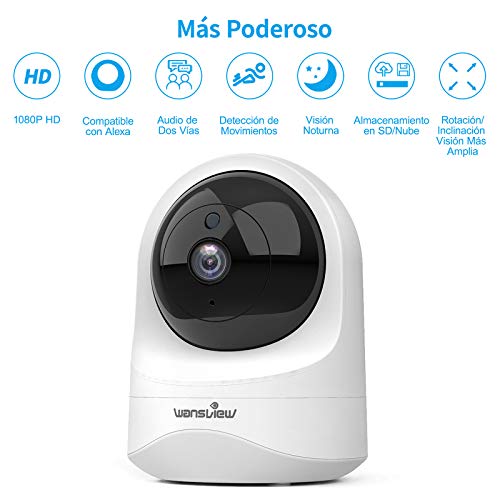 Wansview Cámara IP WiFi, 1080P Cámara Interior con Visión Noturna Detección de Movimiento, Audio Bidireccional, Compatible con Alexa, Cámara de Seguridad Bebé Mascotas, Q6 (NO Tiene autonomía)